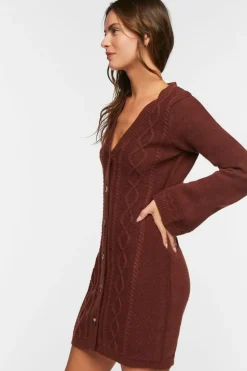 Cable Knit Button-Front Sweater Dress