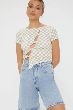 Checkered Cutout Buttoned Top