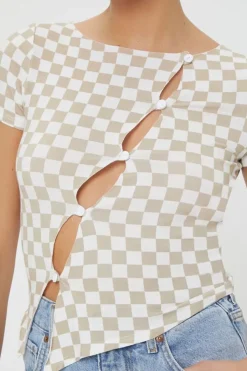 Checkered Cutout Buttoned Top