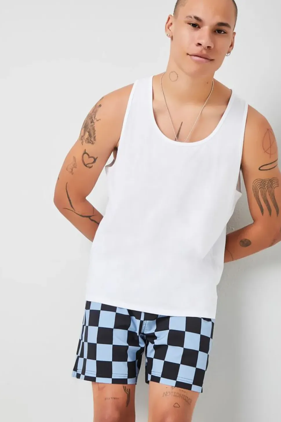Checkered Drawstring Swim Trunks