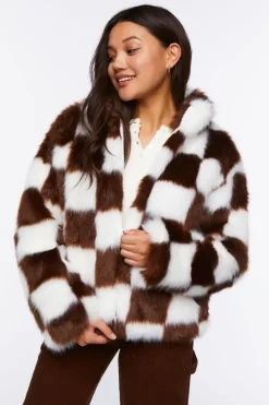 Checkered Faux Fur Coat