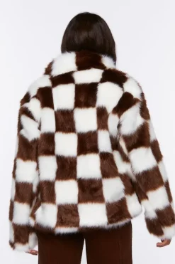 Checkered Faux Fur Coat