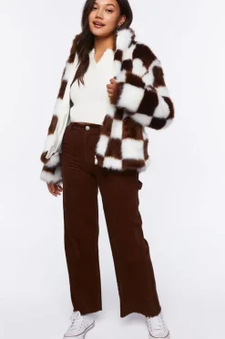 Checkered Faux Fur Coat