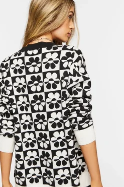 Checkered Floral Cardigan Sweater