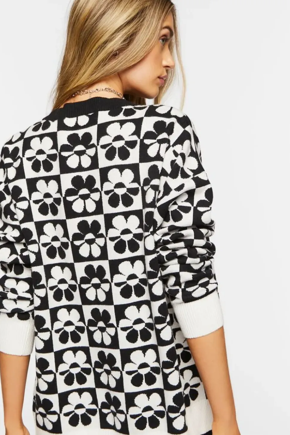 Checkered Floral Cardigan Sweater