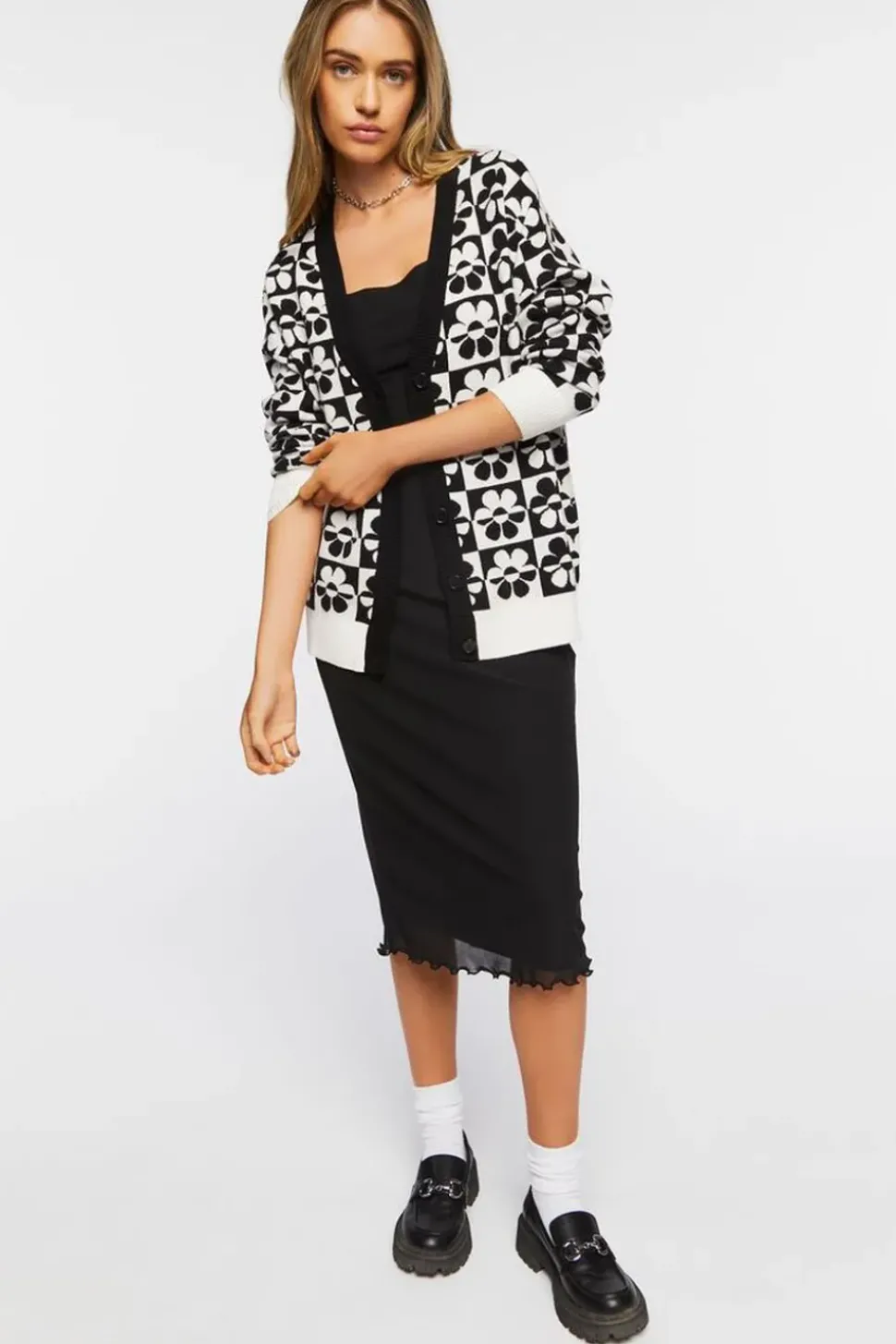 Checkered Floral Cardigan Sweater