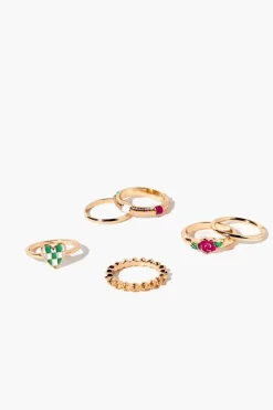 Checkered Heart & Rose Ring Set