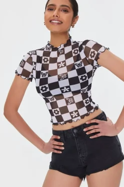 Checkered Mesh Floral Tee