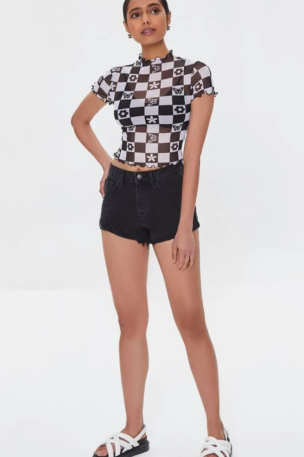Checkered Mesh Floral Tee