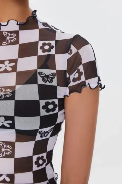 Checkered Mesh Floral Tee