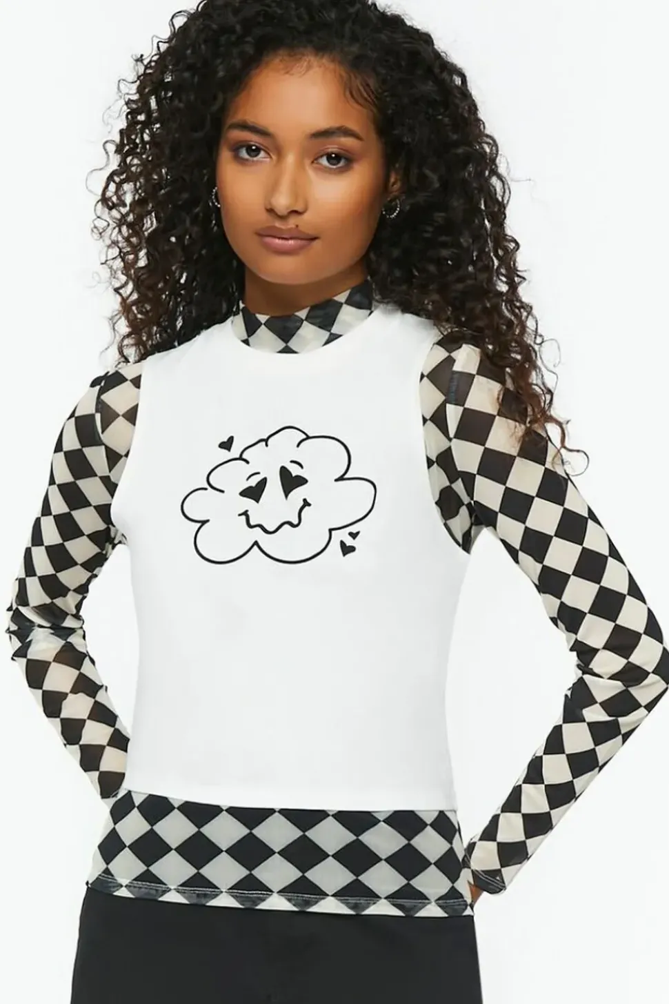 Checkered Print & Cloud Graphic Combo Tee
