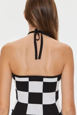 Checkered Sweater-Knit Halter Top