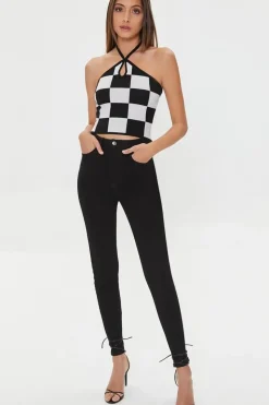 Checkered Sweater-Knit Halter Top