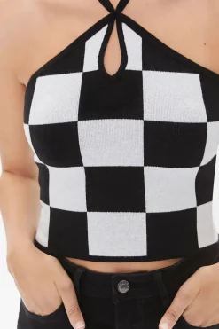 Checkered Sweater-Knit Halter Top
