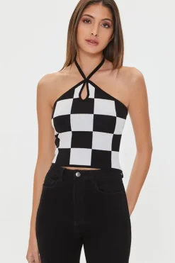 Checkered Sweater-Knit Halter Top