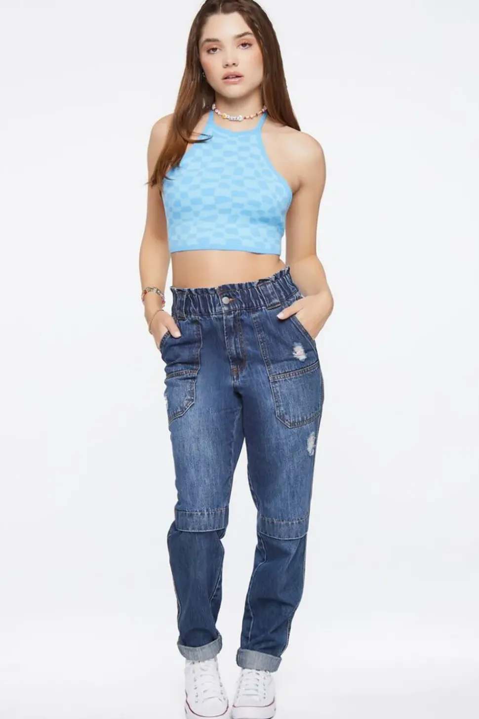 Checkered Sweater-Knit Halter Top