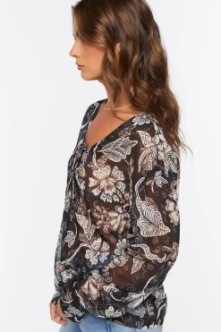 Chiffon Floral Print Lace-Up Top