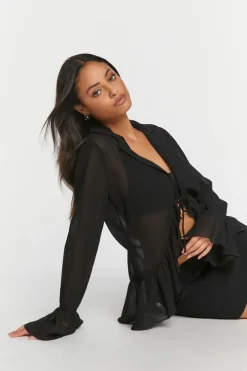 Chiffon Ruffled Tie-Front Top