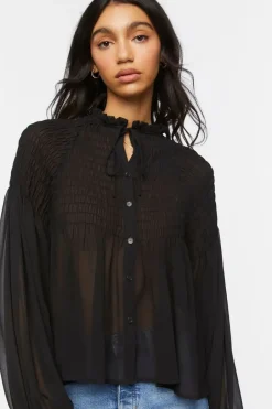Chiffon Smocked Balloon-Sleeve Shirt