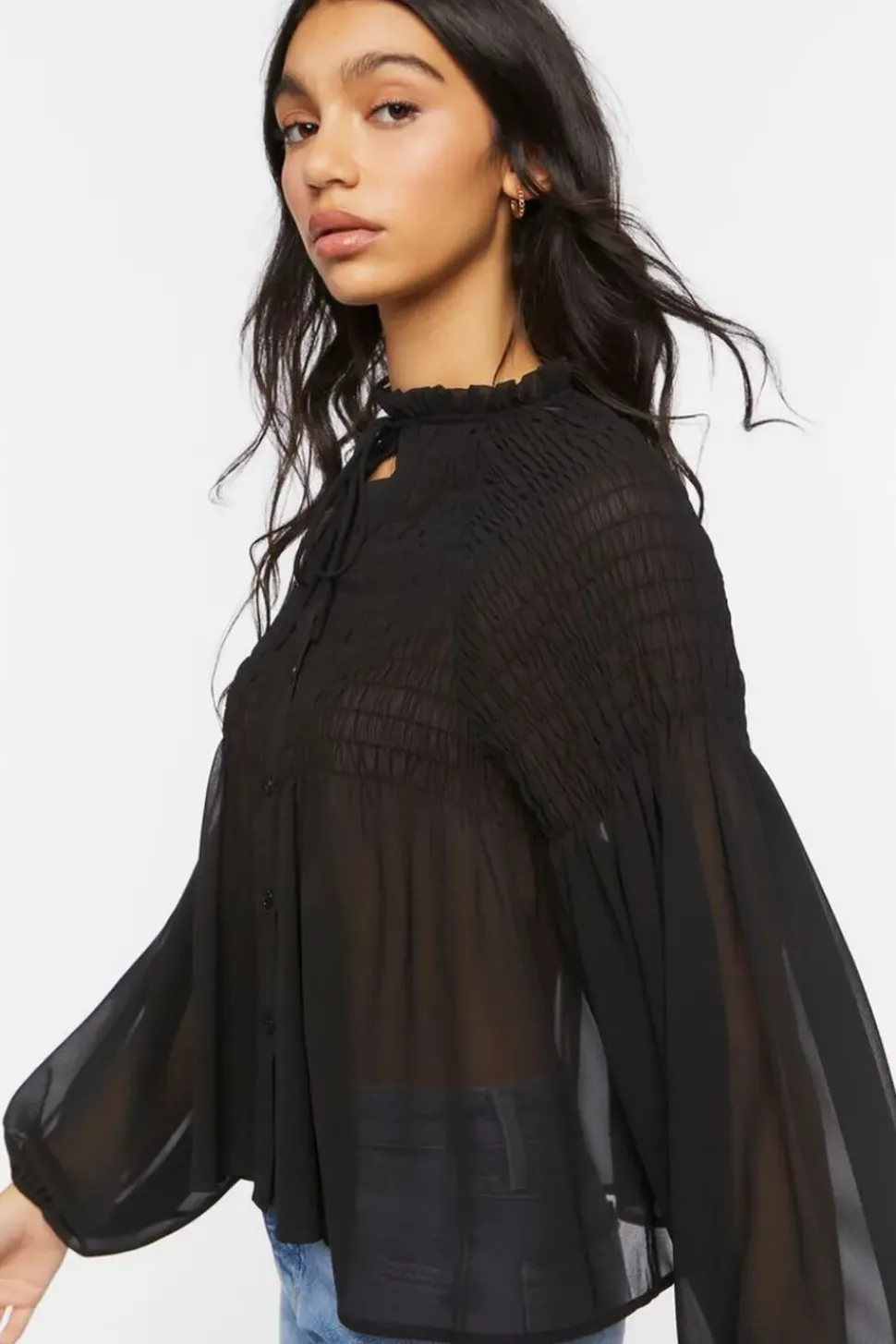Chiffon Smocked Balloon-Sleeve Shirt
