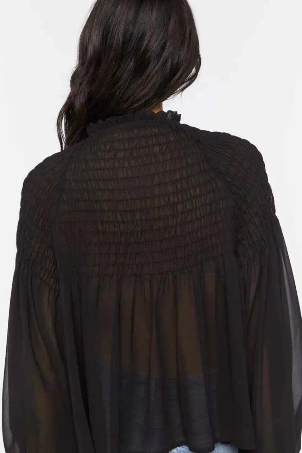 Chiffon Smocked Balloon-Sleeve Shirt
