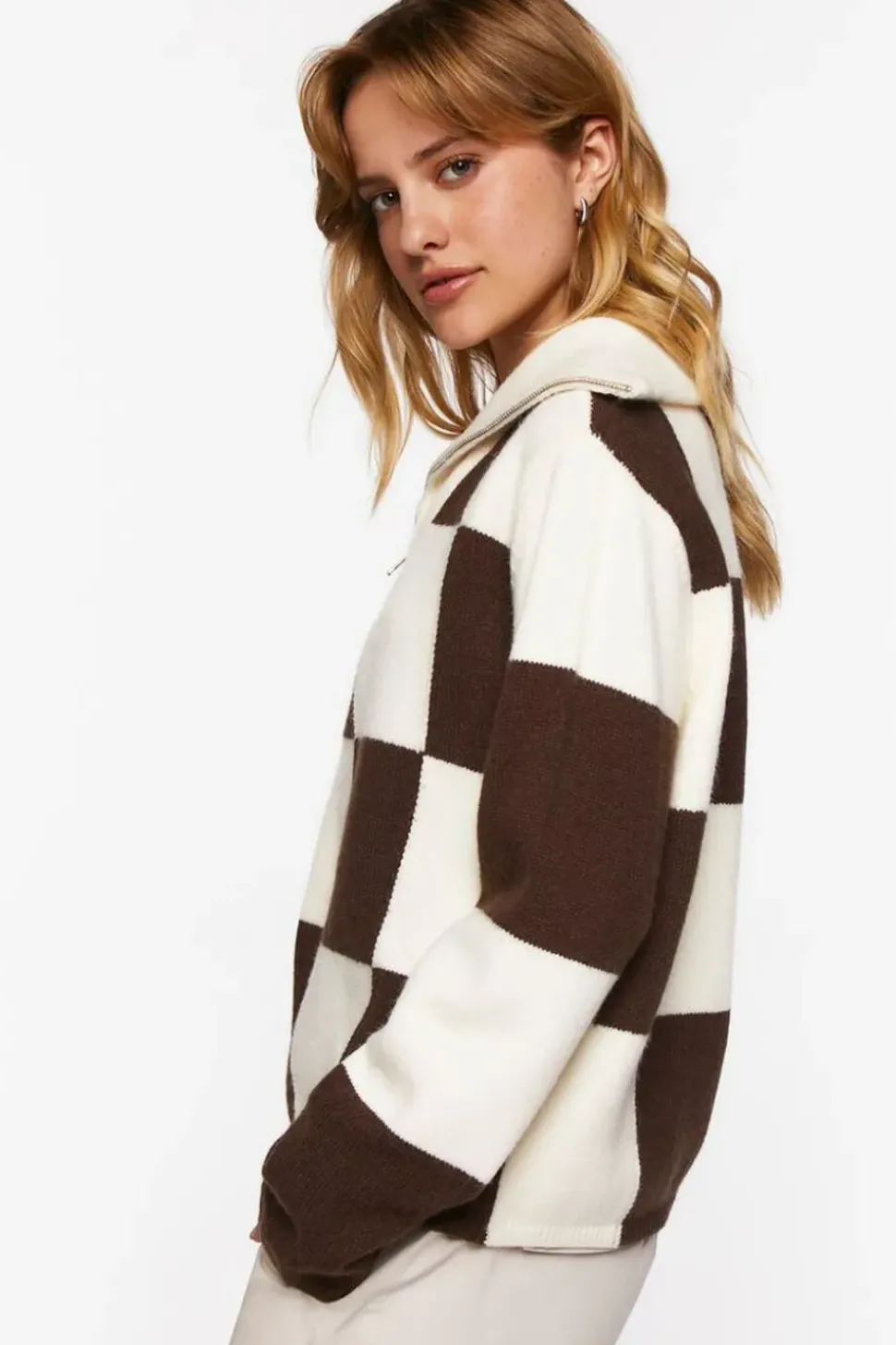 Colorblock Checkered Half-Zip Sweater