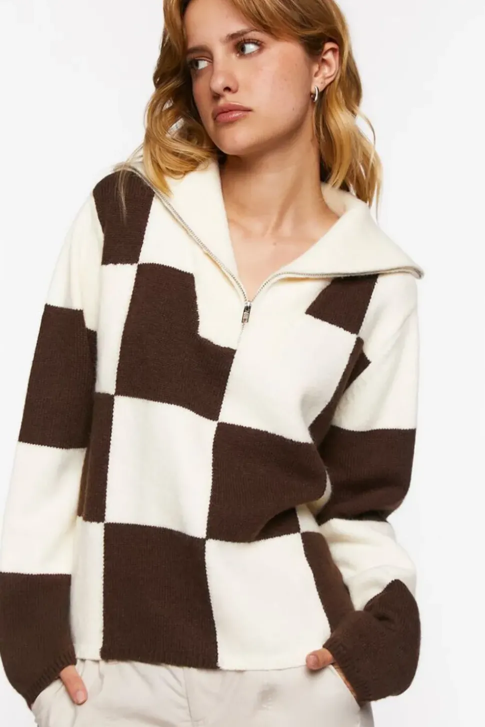 Colorblock Checkered Half-Zip Sweater