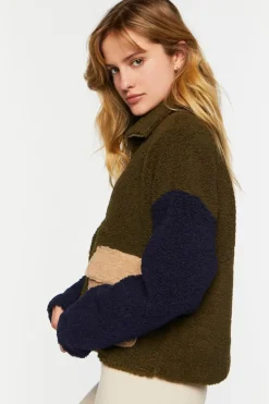 Colorblock Faux Shearling Zip-Up Jacket