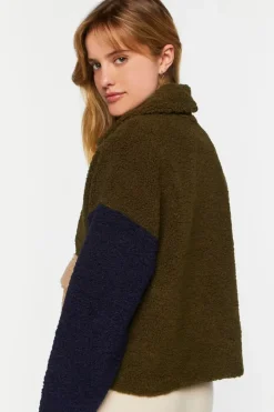 Colorblock Faux Shearling Zip-Up Jacket