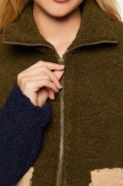 Colorblock Faux Shearling Zip-Up Jacket
