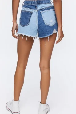 Colorblock Frayed Denim Shorts