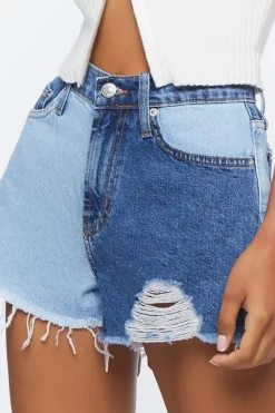 Colorblock Frayed Denim Shorts