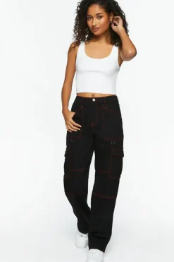 Contrast-Seam Cargo Straight-Leg Pants