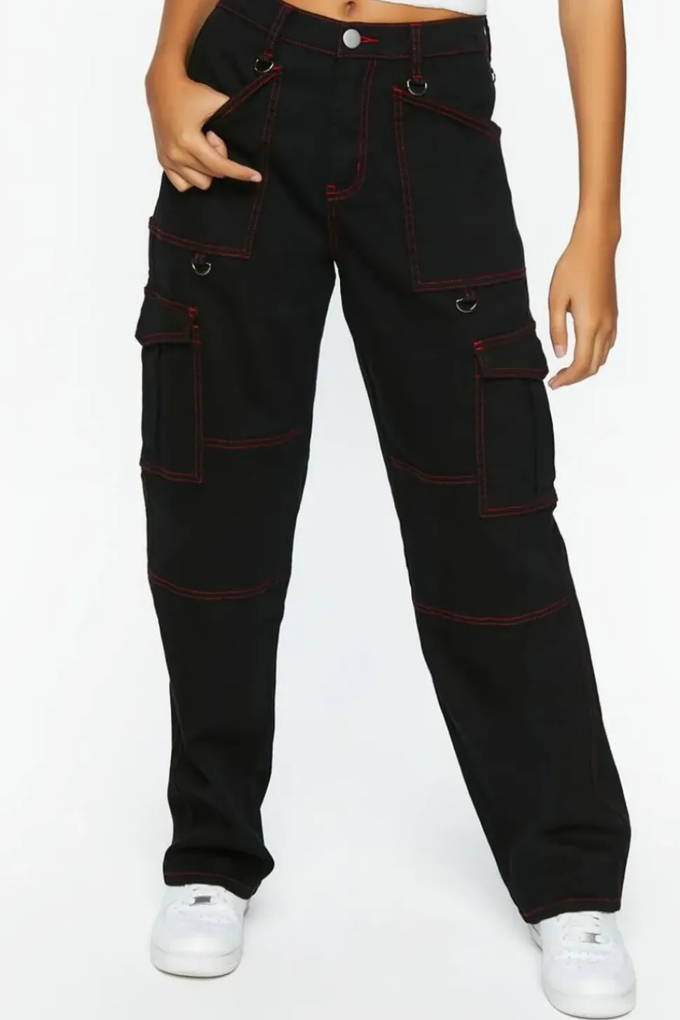 Contrast-Seam Cargo Straight-Leg Pants