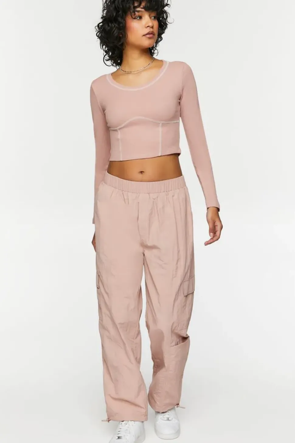 Contrast-Seam Long-Sleeve Crop Top