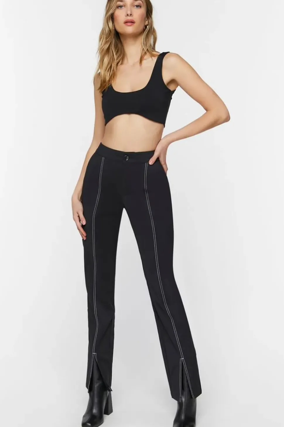 Contrast-Trim Split-Hem Pants