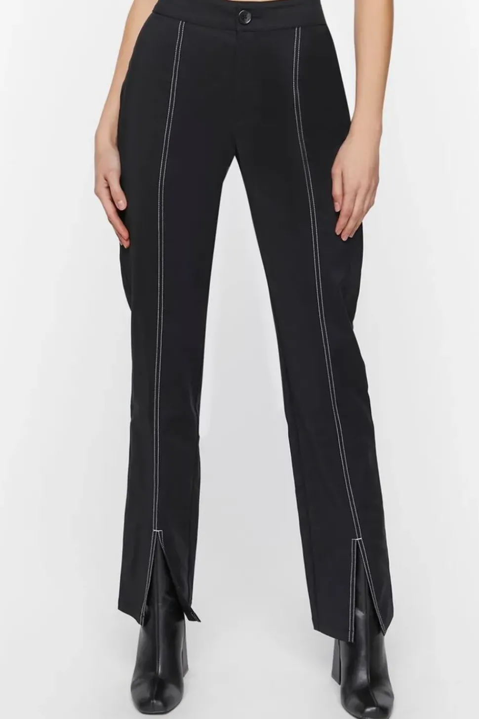 Contrast-Trim Split-Hem Pants