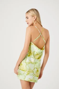 Cowl Neck Marble Print Slip Dress