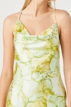Cowl Neck Marble Print Slip Dress