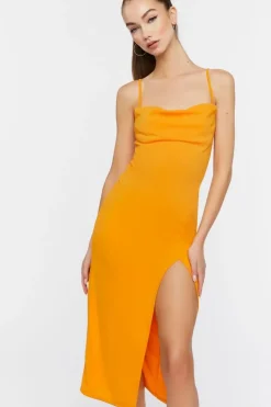 Cowl Neck Slit Midi Dress