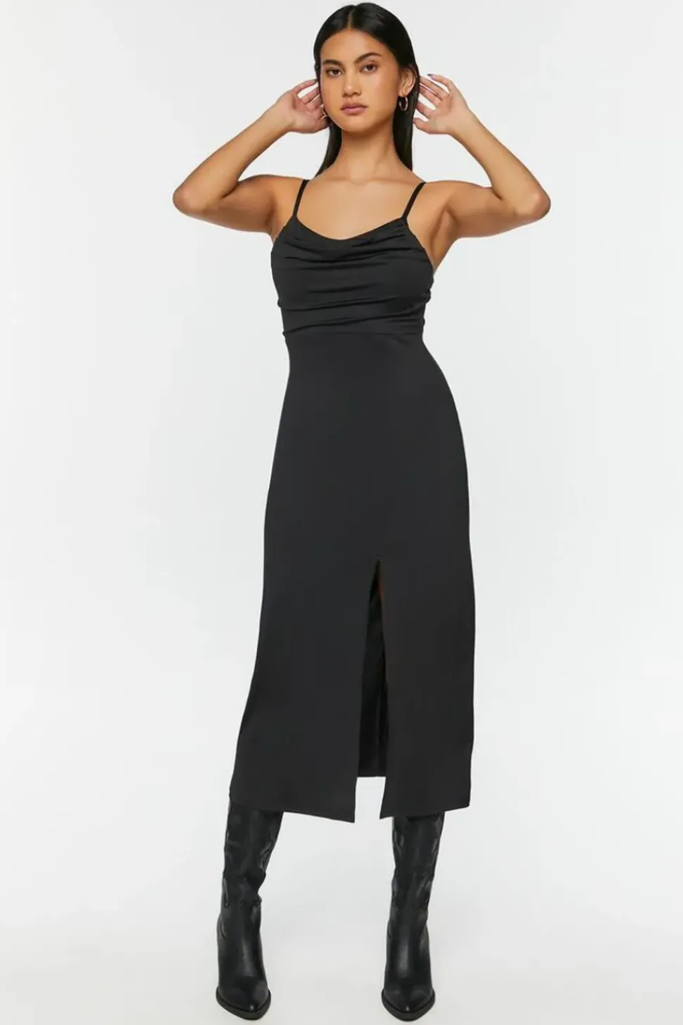 Cowl Neck Slit Midi Dress
