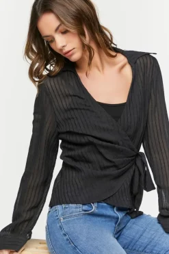 Crepe Shadow-Striped Wrap Top
