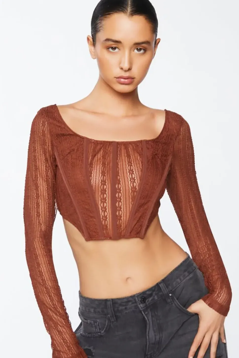 Crochet Lace Long-Sleeve Crop Top