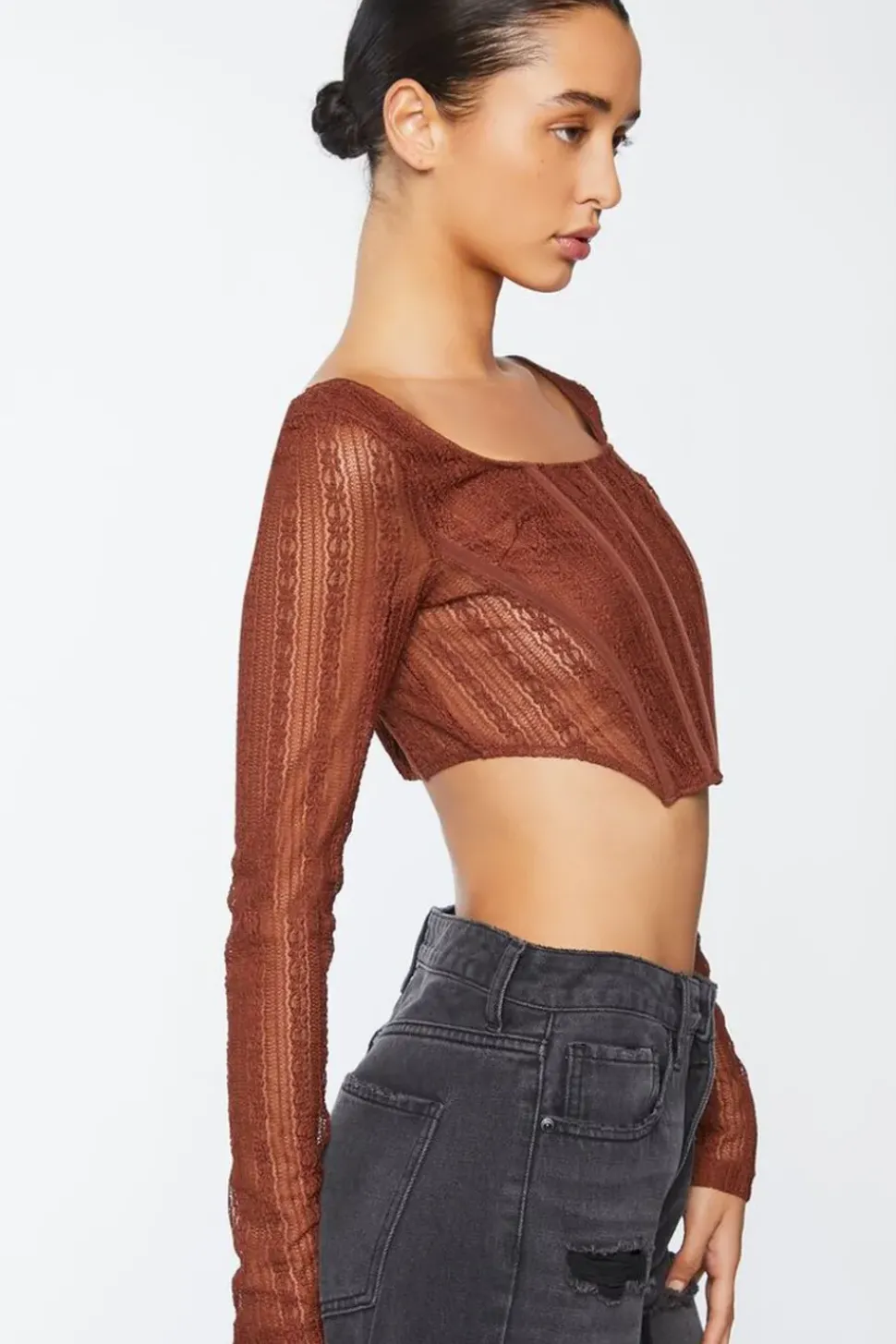 Crochet Lace Long-Sleeve Crop Top