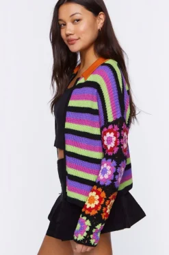 Crochet-Sleeve Striped Zip-Up Sweater