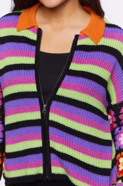 Crochet-Sleeve Striped Zip-Up Sweater