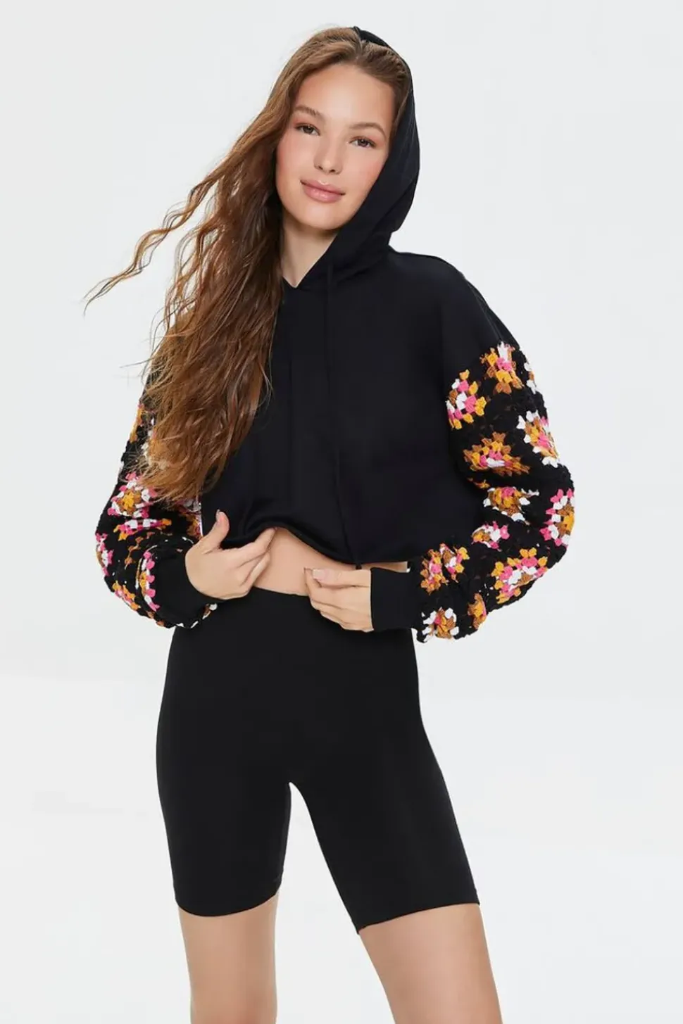 Cropped Crochet-Sleeve Hoodie