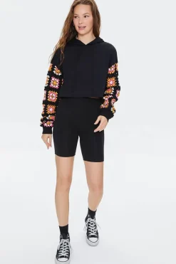 Cropped Crochet-Sleeve Hoodie