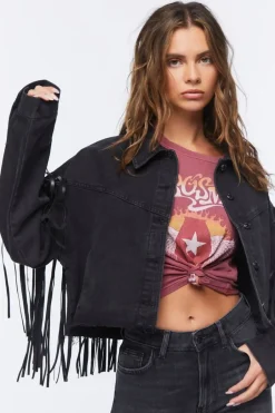 Cropped Fringe Denim Trucker Jacket
