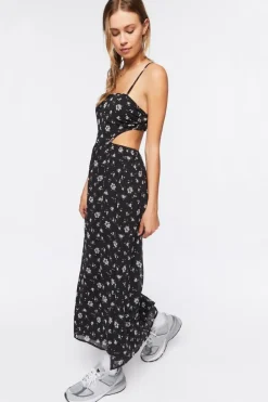 Cutout Chiffon Floral Midi Dress